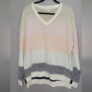 Greige Pastel Striped Textured V-Neck Sweater Slouchy Cozy XL
